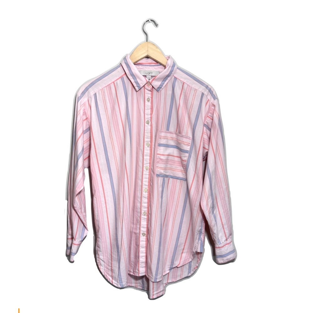 LOFT Preppy Pink and Blue Stripe Button Down Shirt Size Small